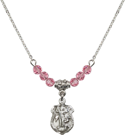 Sterling Silver Saint Michael the Archangel Birthstone Necklace with Rose Beads - 5699