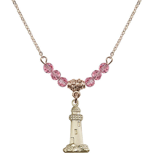 14kt Gold Filled Lighthouse Birthstone Necklace with Rose Beads - 5922