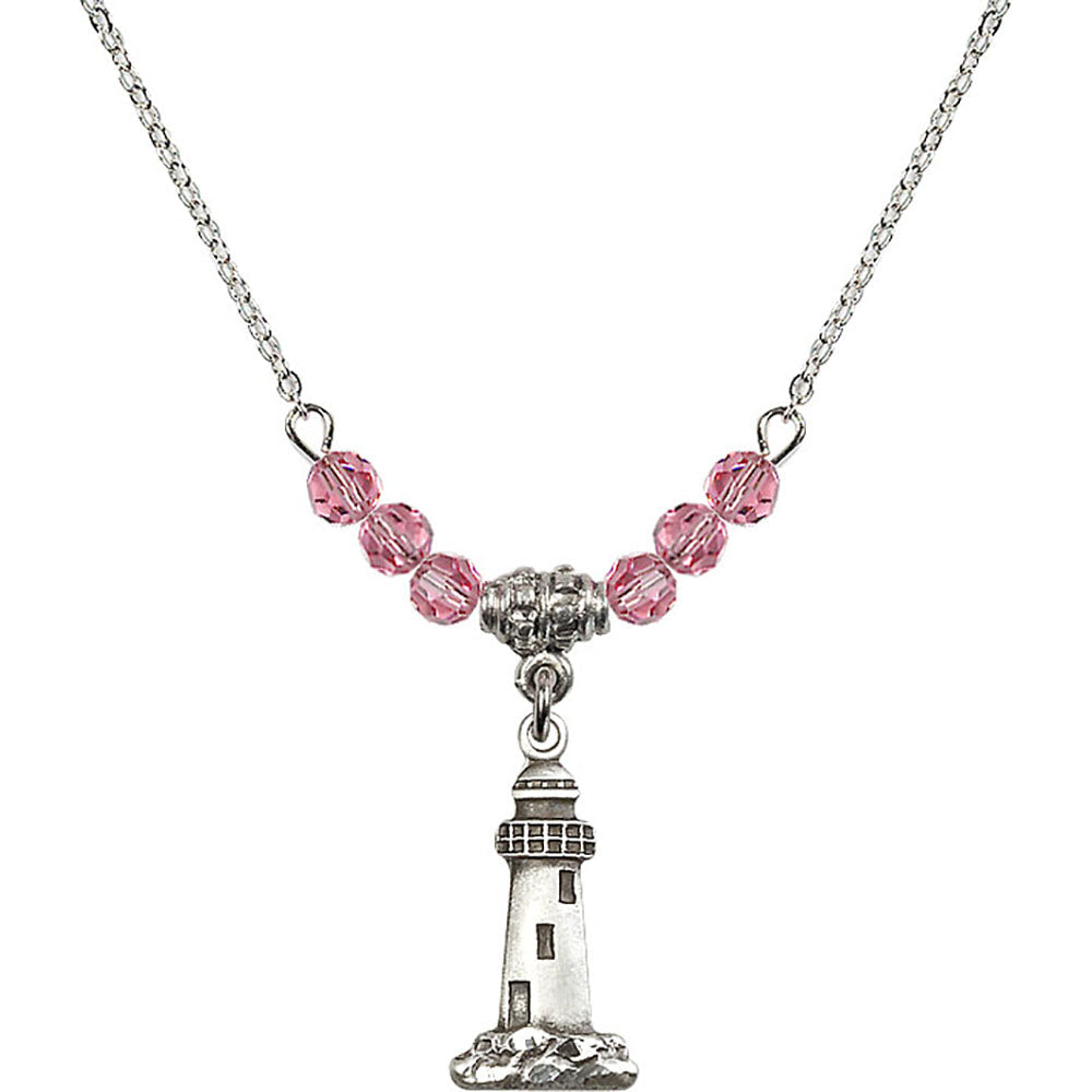 Sterling Silver Lighthouse Birthstone Necklace with Rose Beads - 5922