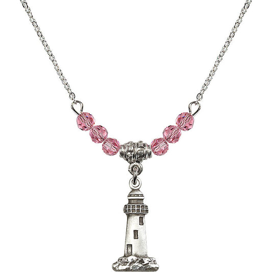 Sterling Silver Lighthouse Birthstone Necklace with Rose Beads - 5922