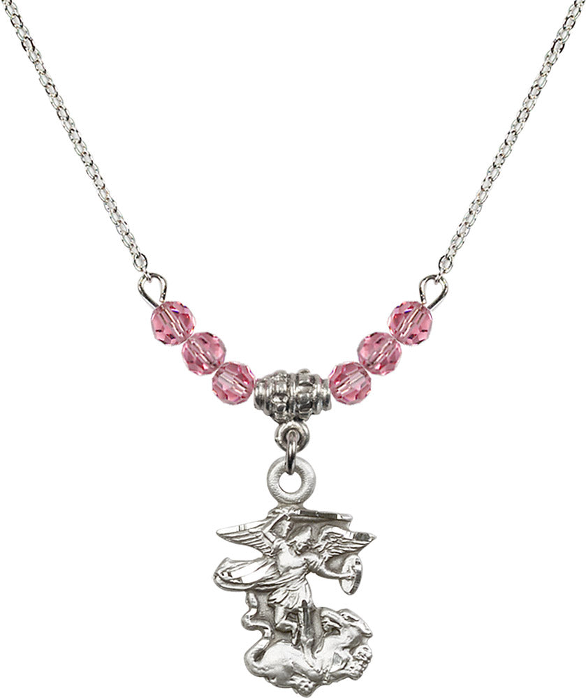Sterling Silver Saint Michael the Archangel Birthstone Necklace with Rose Beads - 5940