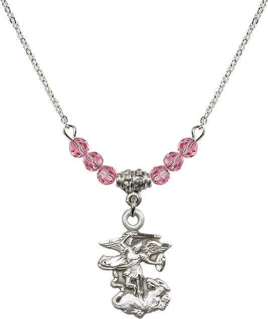 Sterling Silver Saint Michael the Archangel Birthstone Necklace with Rose Beads - 5940