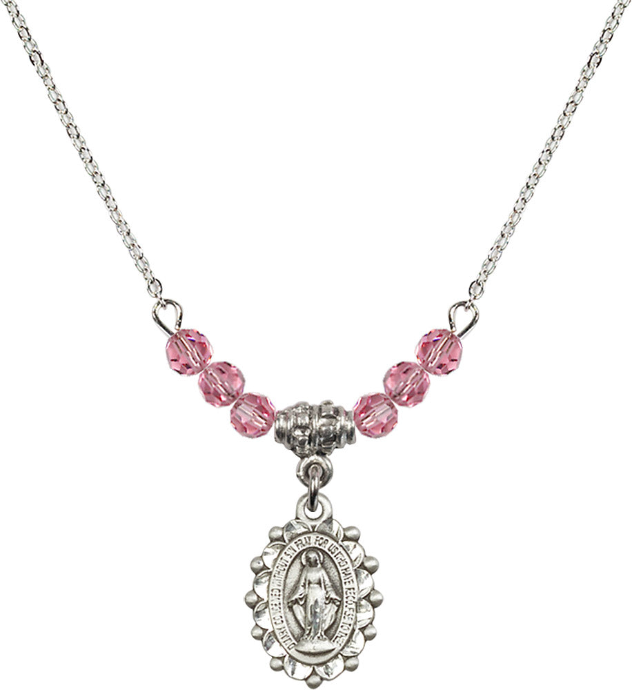 Sterling Silver Miraculous Birthstone Necklace with Rose Beads - 6040