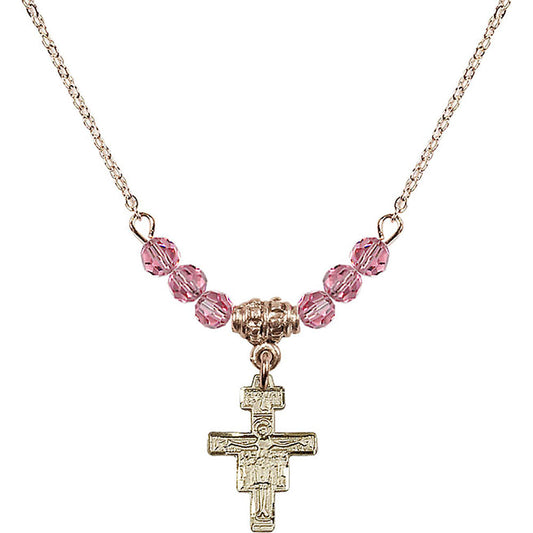 14kt Gold Filled San Damiano Crucifix Birthstone Necklace with Rose Beads - 6078