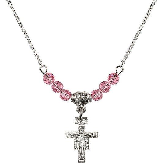 Sterling Silver San Damiano Crucifix Birthstone Necklace with Rose Beads - 6078