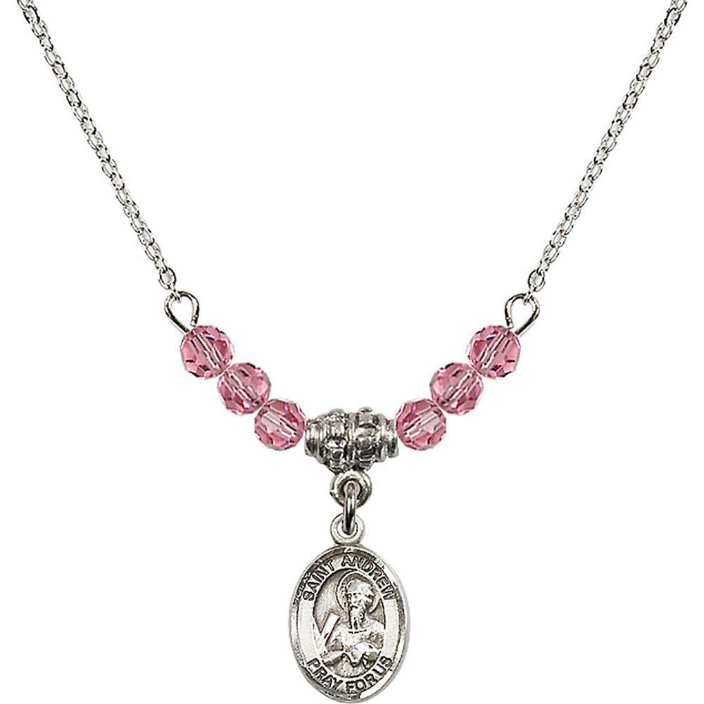 Sterling Silver Saint Andrew the Apostle Birthstone Necklace with Rose Beads - 9000