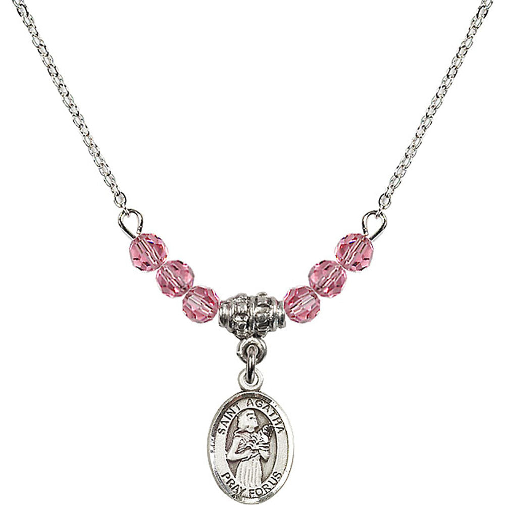 Sterling Silver Saint Agatha Birthstone Necklace with Rose Beads - 9003