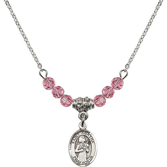 Sterling Silver Saint Agatha Birthstone Necklace with Rose Beads - 9003