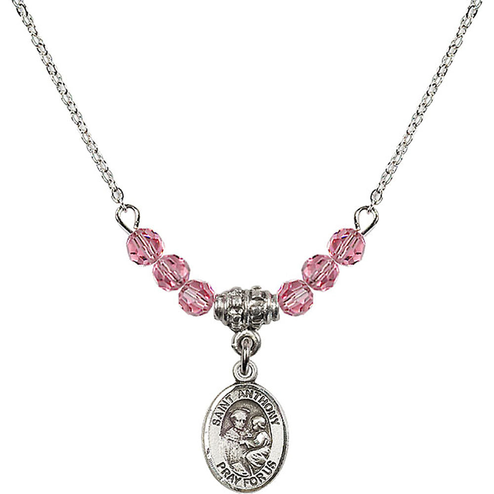 Sterling Silver Saint Anthony of Padua Birthstone Necklace with Rose Beads - 9004
