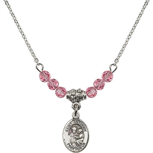 Sterling Silver Saint Anthony of Padua Birthstone Necklace with Rose Beads - 9004