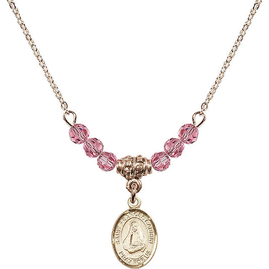 14kt Gold Filled Saint Frances Cabrini Birthstone Necklace with Rose Beads - 9011