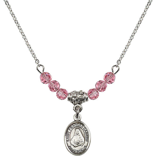 Sterling Silver Saint Frances Cabrini Birthstone Necklace with Rose Beads - 9011