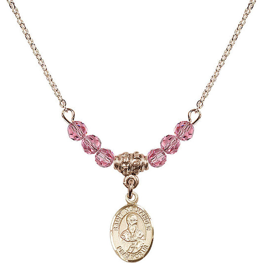 14kt Gold Filled Saint Alexander Sauli Birthstone Necklace with Rose Beads - 9012