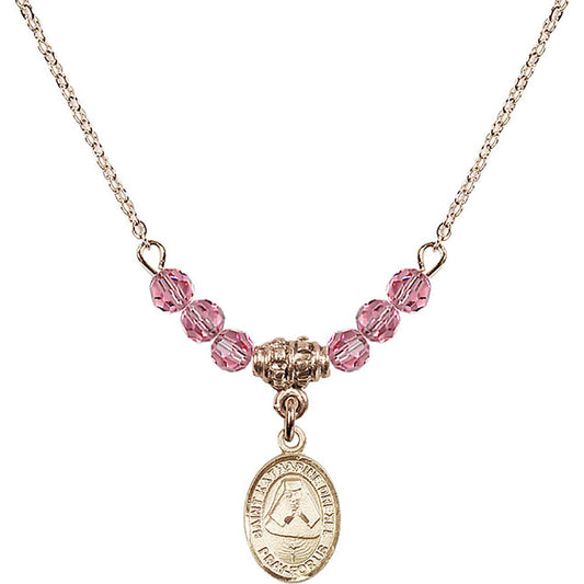 14kt Gold Filled Saint Katharine Drexel Birthstone Necklace with Rose Beads - 9015