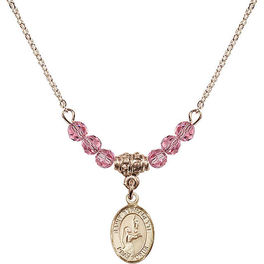 14kt Gold Filled Saint Bernadette Birthstone Necklace with Rose Beads - 9017