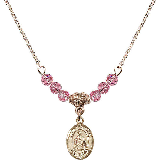 14kt Gold Filled Saint Charles Borromeo Birthstone Necklace with Rose Beads - 9020