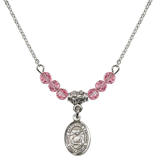 Sterling Silver Saint Catherine Laboure Birthstone Necklace with Rose Beads - 9021