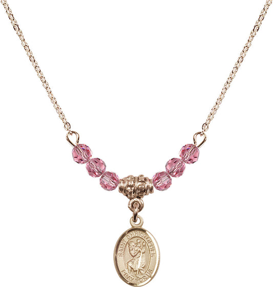 14kt Gold Filled Saint Christopher Birthstone Necklace with Rose Beads - 9022