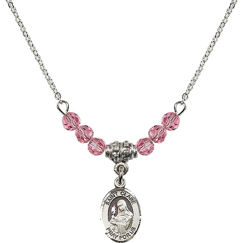 Sterling Silver Saint Clare of Assisi Birthstone Necklace with Rose Beads - 9028