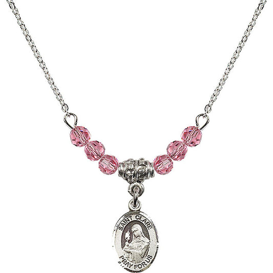 Sterling Silver Saint Clare of Assisi Birthstone Necklace with Rose Beads - 9028