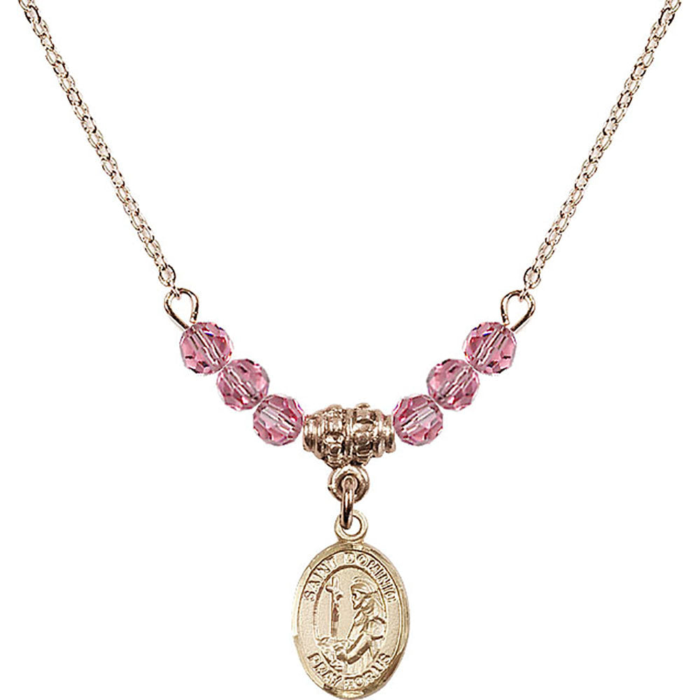 14kt Gold Filled Saint Dominic de Guzman Birthstone Necklace with Rose Beads - 9030