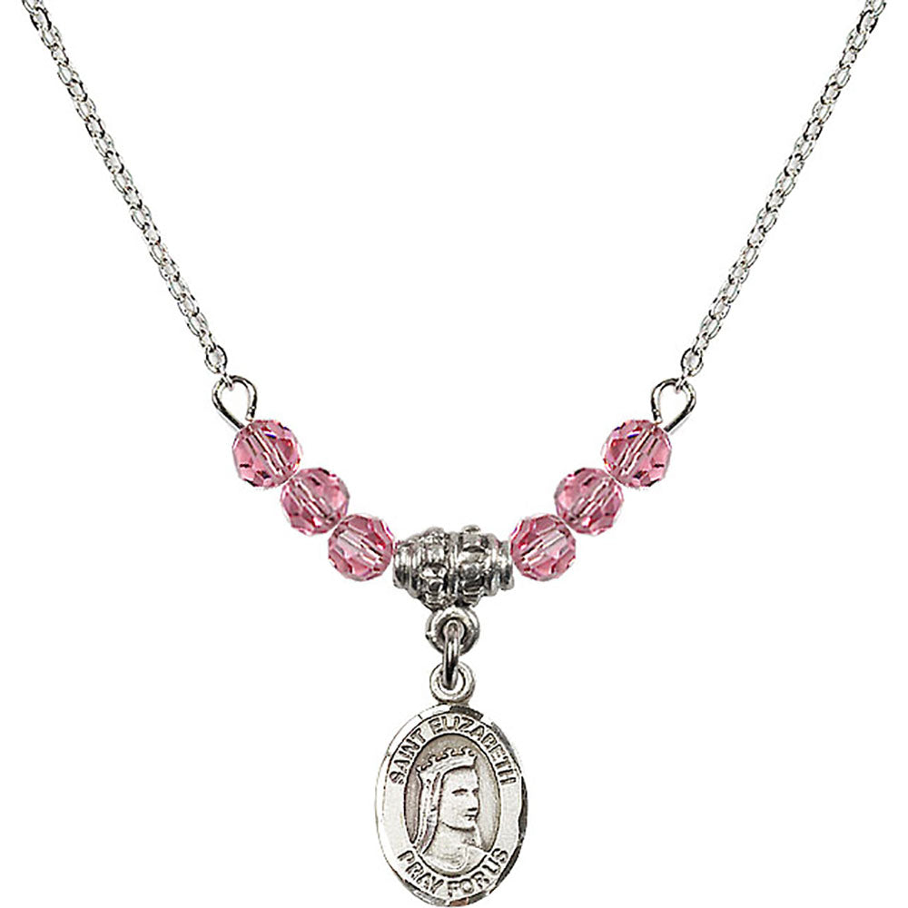 Sterling Silver Saint Elizabeth of Hungary Birthstone Necklace with Rose Beads - 9033