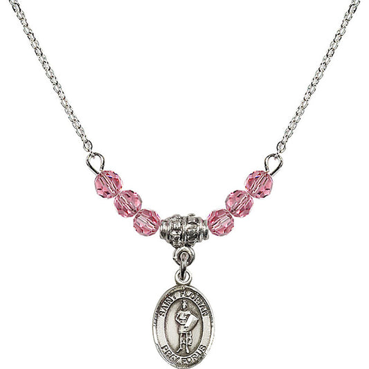 Sterling Silver Saint Florian Birthstone Necklace with Rose Beads - 9034