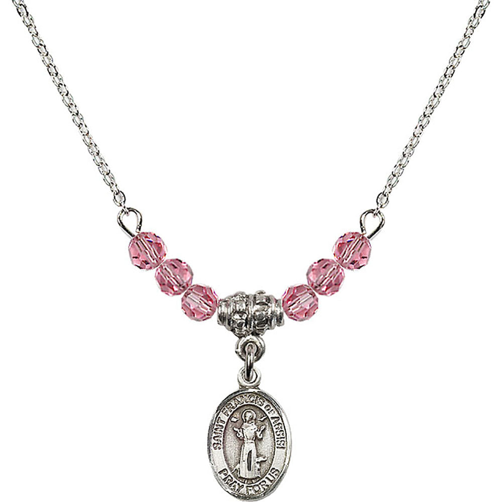 Sterling Silver Saint Francis of Assisi Birthstone Necklace with Rose Beads - 9036