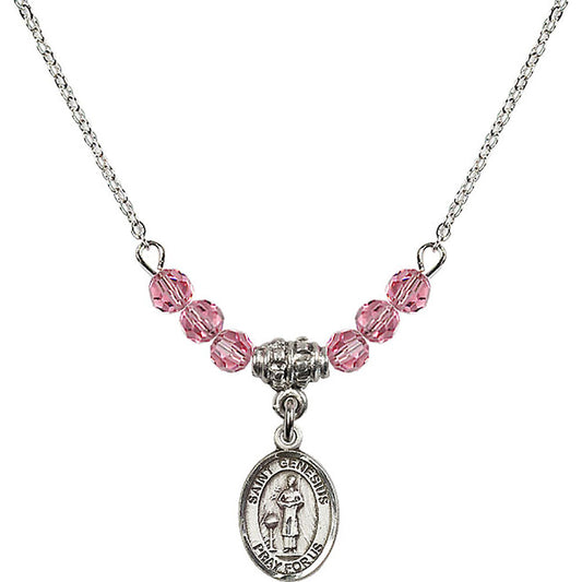 Sterling Silver Saint Genesius of Rome Birthstone Necklace with Rose Beads - 9038