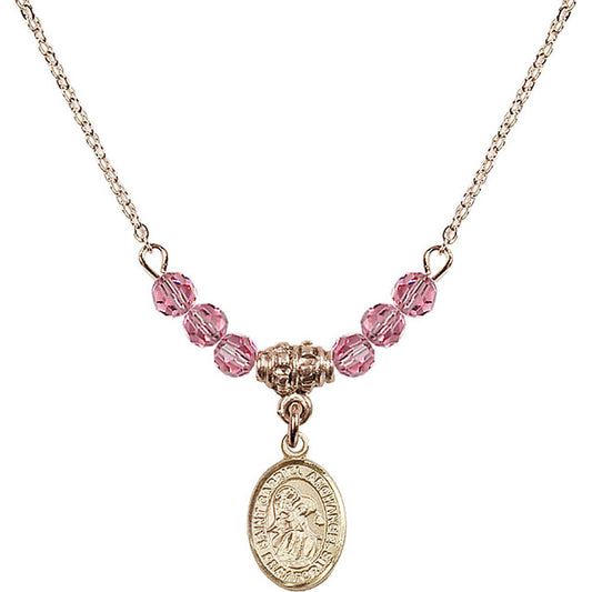 14kt Gold Filled Saint Gabriel the Archangel Birthstone Necklace with Rose Beads - 9039