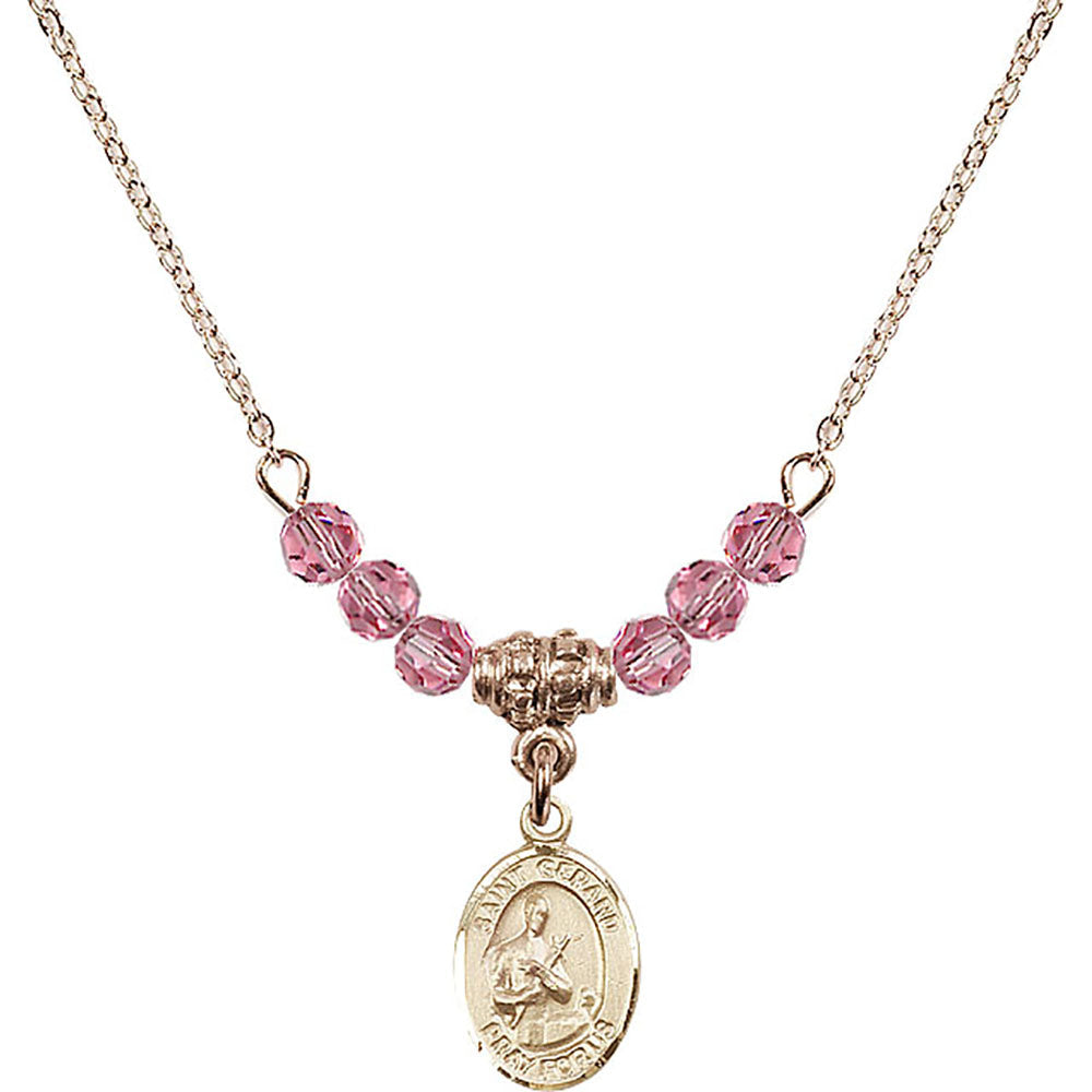 14kt Gold Filled Saint Gerard Majella Birthstone Necklace with Rose Beads - 9042