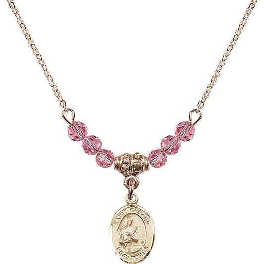 14kt Gold Filled Saint Gerard Majella Birthstone Necklace with Rose Beads - 9042