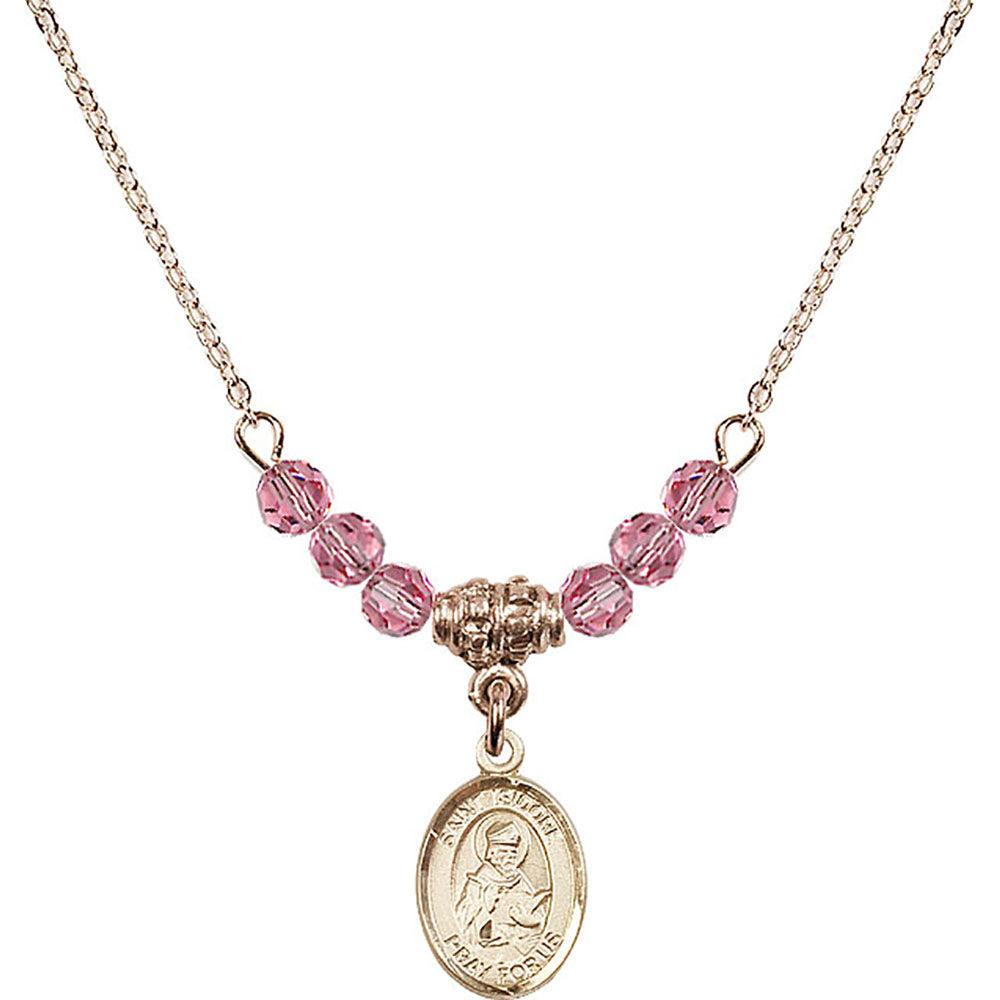 14kt Gold Filled Saint Isidore of Seville Birthstone Necklace with Rose Beads - 9049
