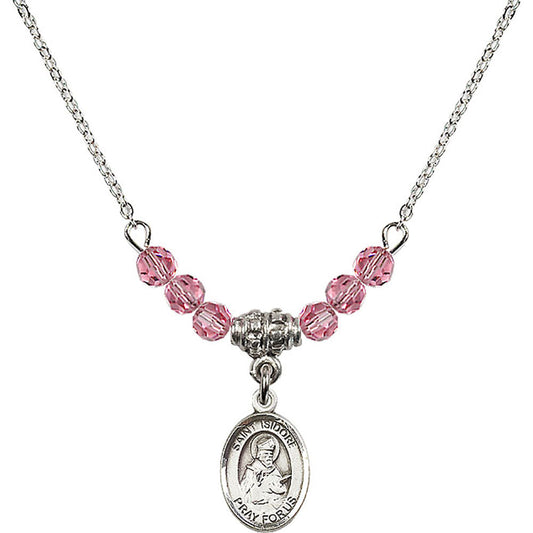 Sterling Silver Saint Isidore of Seville Birthstone Necklace with Rose Beads - 9049