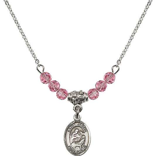 Sterling Silver Saint Jason Birthstone Necklace with Rose Beads - 9051