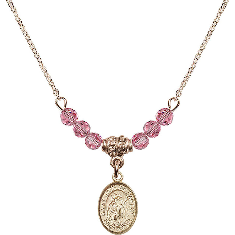 14kt Gold Filled Saint John the Baptist Birthstone Necklace with Rose Beads - 9054