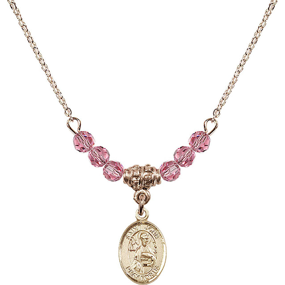 14kt Gold Filled Saint John the Apostle Birthstone Necklace with Rose Beads - 9056