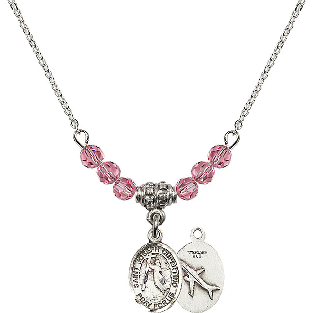 Sterling Silver Saint Joseph of Cupertino Birthstone Necklace with Rose Beads - 9057