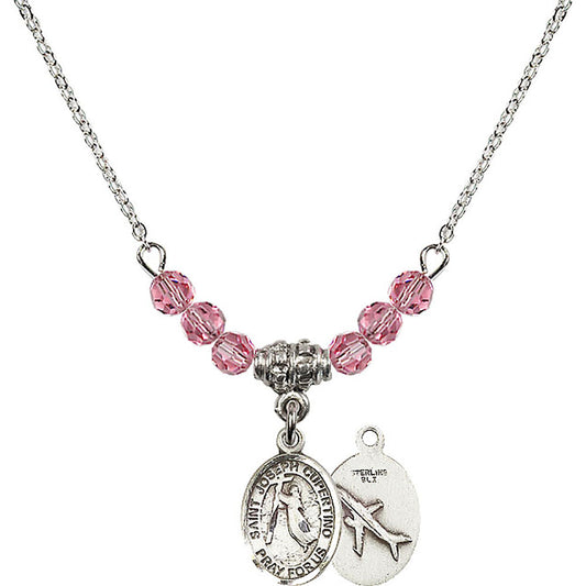 Sterling Silver Saint Joseph of Cupertino Birthstone Necklace with Rose Beads - 9057