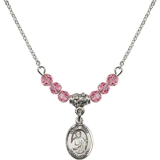 Sterling Silver Saint Jude Thaddeus Birthstone Necklace with Rose Beads - 9060