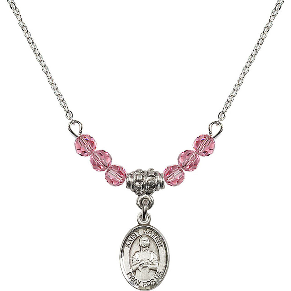 Sterling Silver Saint Kateri Tekakwitha Birthstone Necklace with Rose Beads - 9061