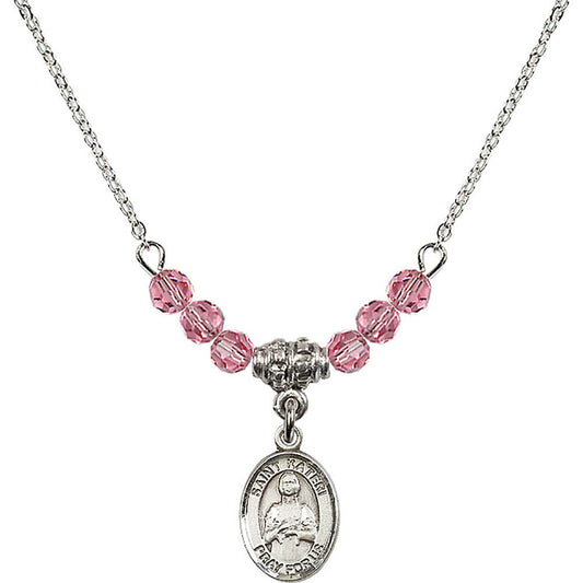 Sterling Silver Saint Kateri Tekakwitha Birthstone Necklace with Rose Beads - 9061