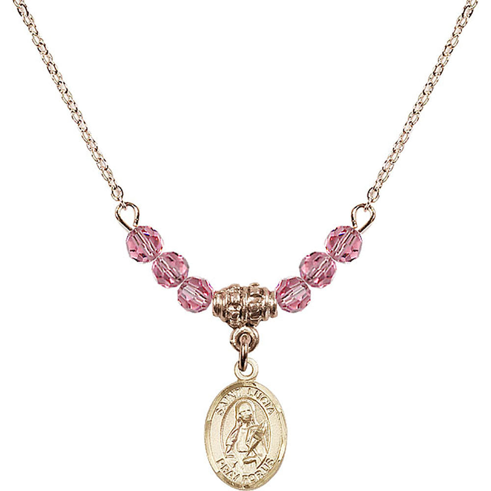 14kt Gold Filled Saint Lucia of Syracuse Birthstone Necklace with Rose Beads - 9065