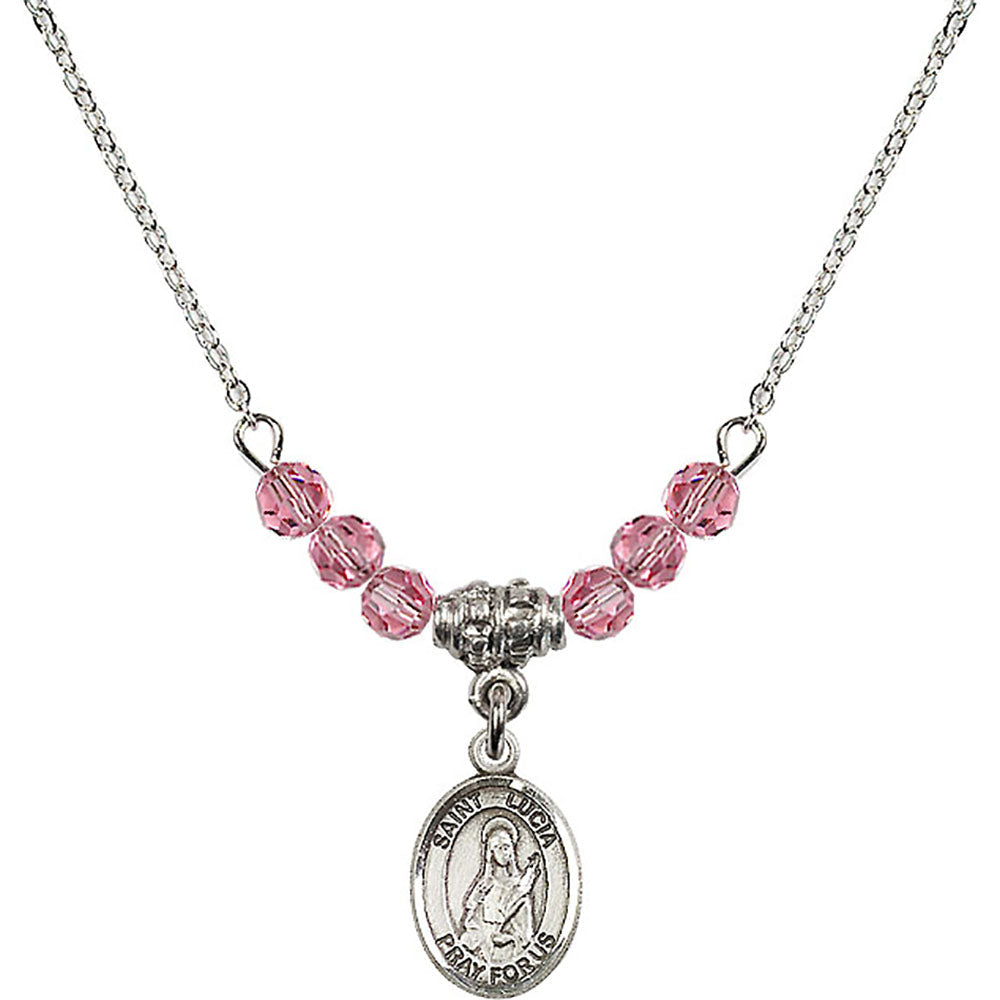Sterling Silver Saint Lucia of Syracuse Birthstone Necklace with Rose Beads - 9065