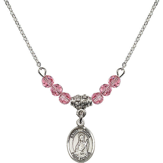 Sterling Silver Saint Lucia of Syracuse Birthstone Necklace with Rose Beads - 9065