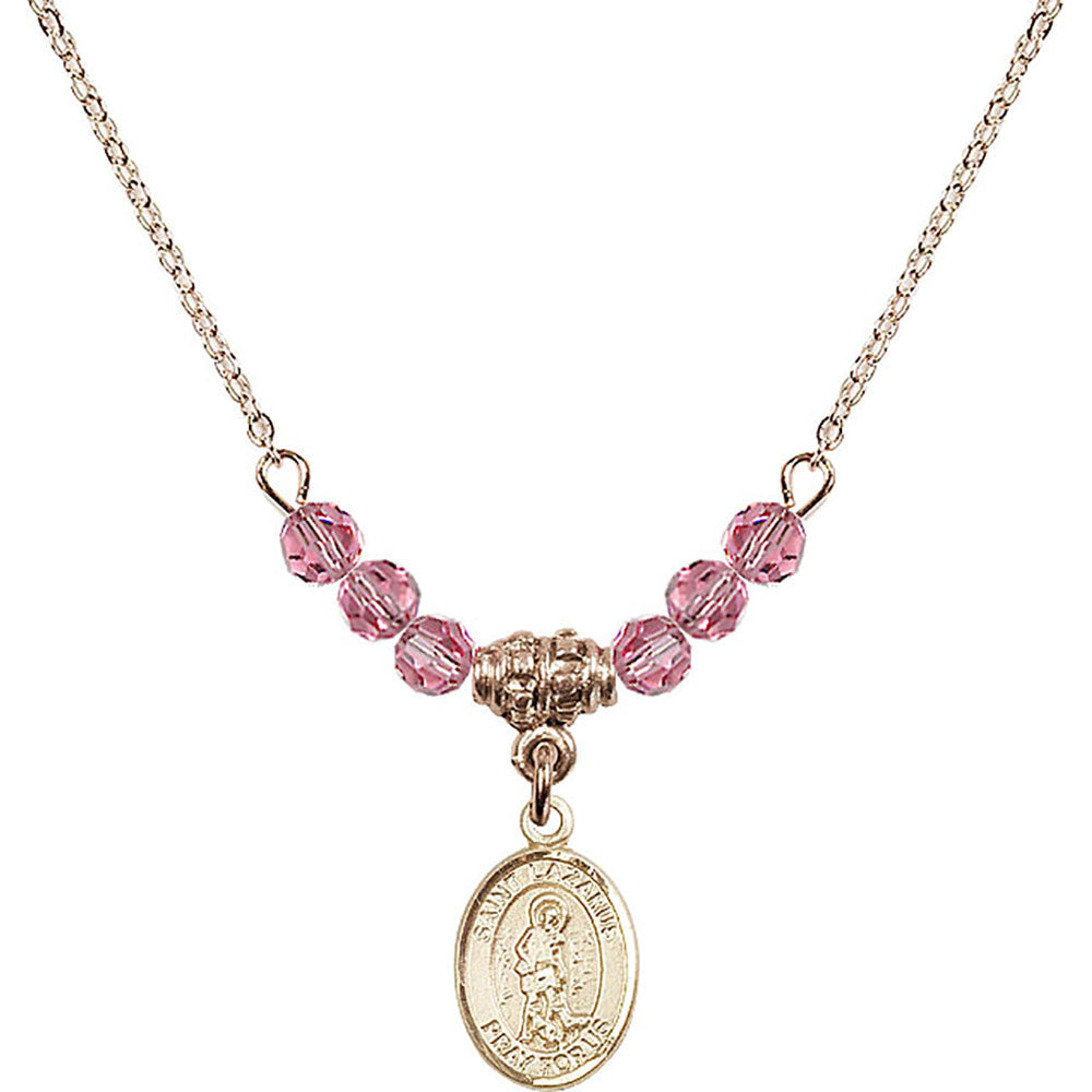 14kt Gold Filled Saint Lazarus Birthstone Necklace with Rose Beads - 9066