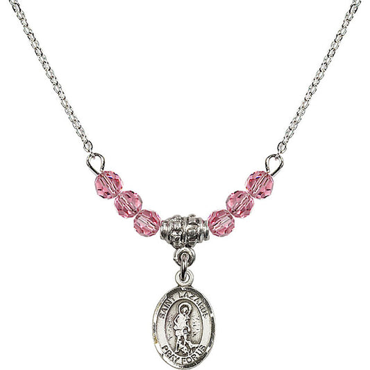 Sterling Silver Saint Lazarus Birthstone Necklace with Rose Beads - 9066