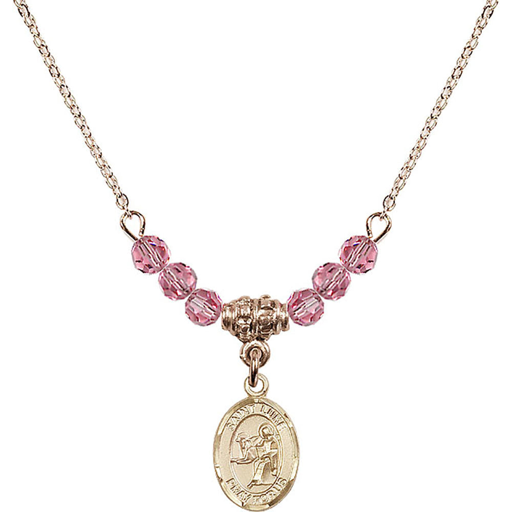 14kt Gold Filled Saint Luke the Apostle Birthstone Necklace with Rose Beads - 9068