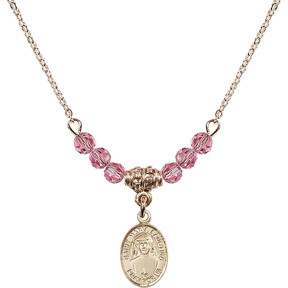 14kt Gold Filled Saint Maria Faustina Birthstone Necklace with Rose Beads - 9069