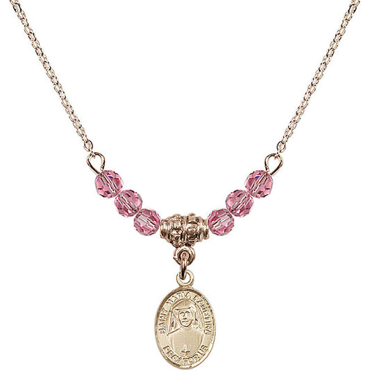 14kt Gold Filled Saint Maria Faustina Birthstone Necklace with Rose Beads - 9069
